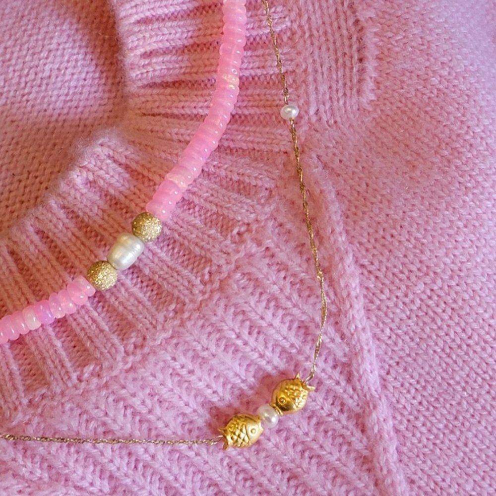 18K Real Gold & Water Pearl , Opal